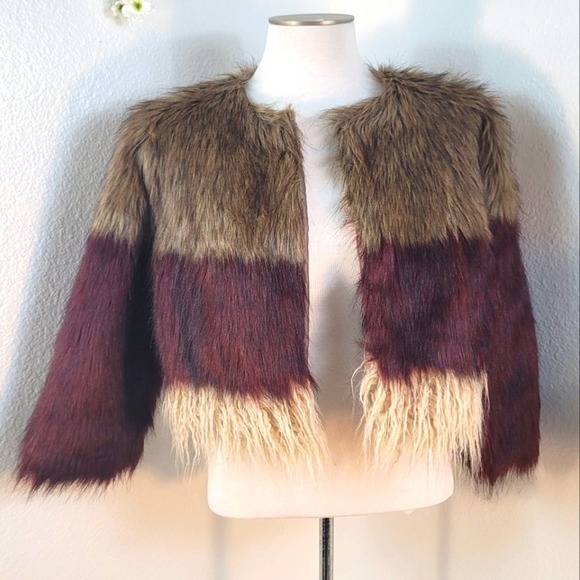 QUESTIONS 3 TONES FAUX FUR LONG SLEEVE CROPPED WOMEN'S SIZE LARGE - Picture 1 of 14